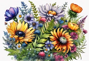 wildflowers with thistles, ferns, ranuculus, white anemones with black center, sun flowers, mixed color flowers and different shapes all in watercolor tattoo idea