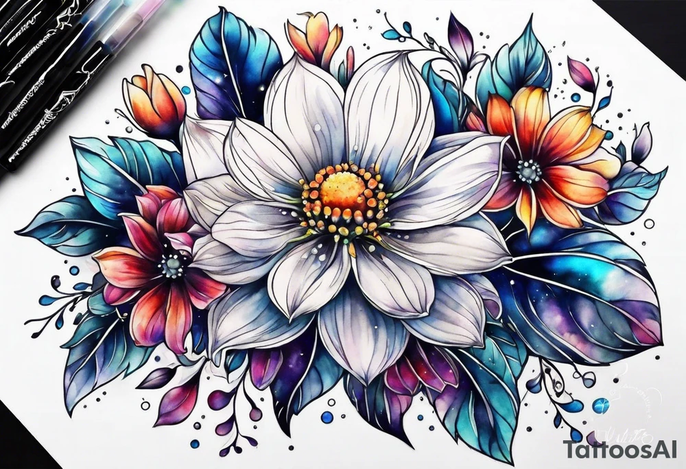 Cosmic space flowers tattoo idea