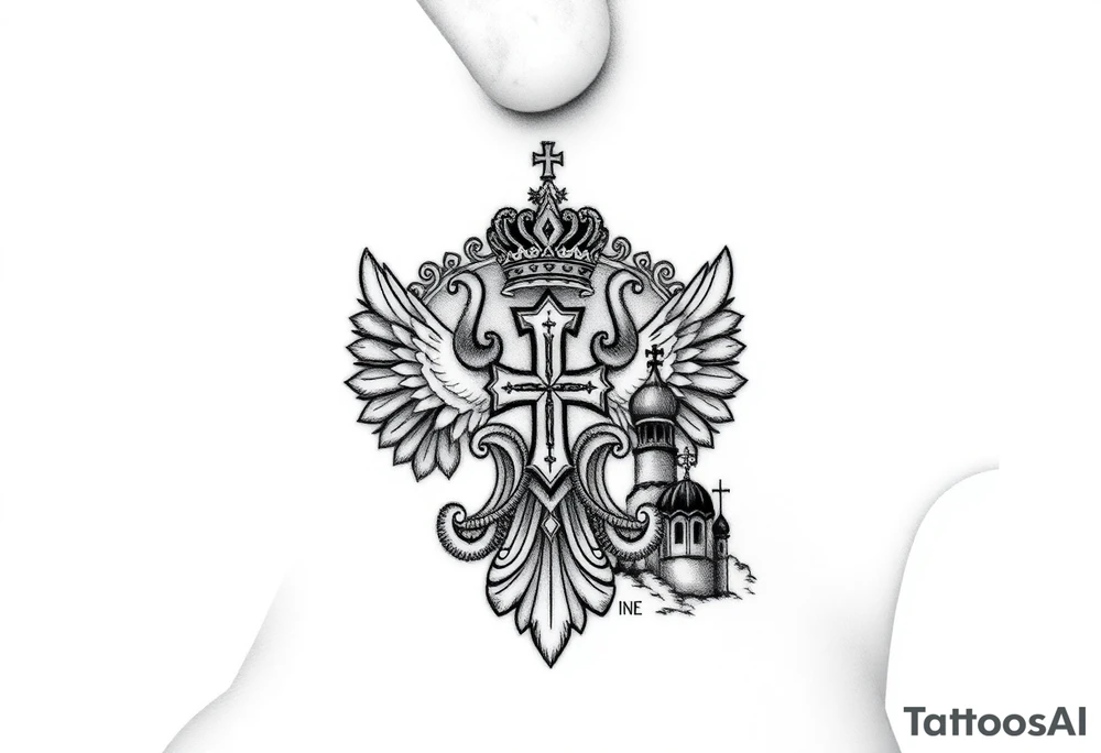 russian coat arms in a russian christian orthodox cross with the cross in the middle with a virgin mary & orthodox dome church on the side of the neck in a wilderness setting tattoo idea