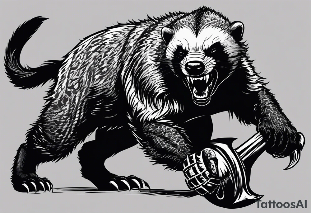 Draw me psychopath Honey Badger/Berserker/Fearless with aggressive full body, killer face with a scary smile, very long nails and he attacks like a Bloody Assassin/Warrior/Gladiator to us and also, he has very deadly looking. He fights with his nails only. Everybody scares after their first sight. Give me horror type Badger Tattoo. I want to see his Realistic full body with no weapons. You can show destruction at the back. tattoo idea