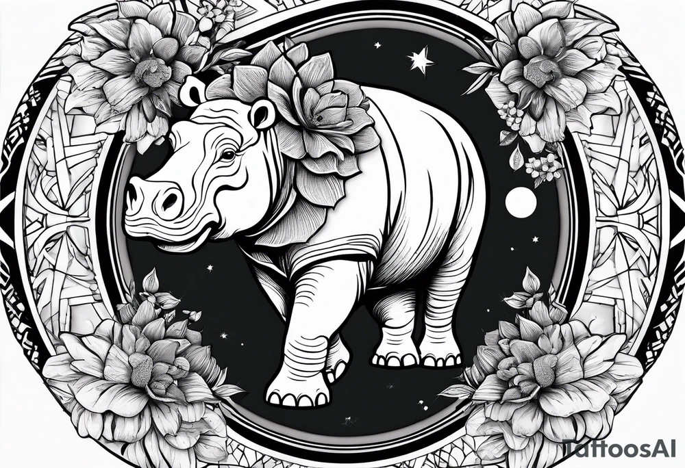 Hippo, flowers, moon, interstella,
fine lines, tribal, geometric tattoo idea