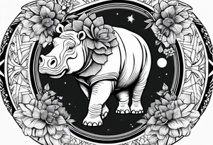 Hippo, flowers, moon, interstella, 
fine lines, tribal, geometric tattoo idea
