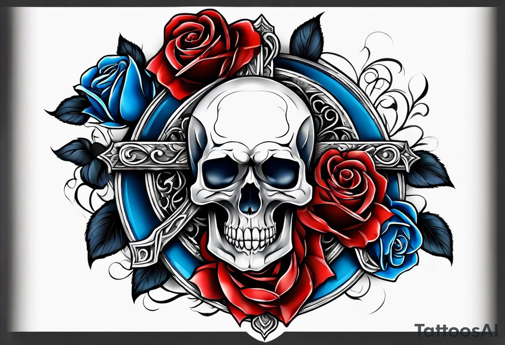 Cross with skulls and Colored blue and red roses tattoo idea