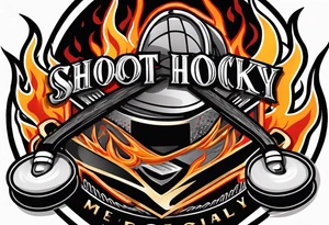 puck with crossed hockey sticks in the background and flames that says "SHOT HOCKEY" tattoo idea