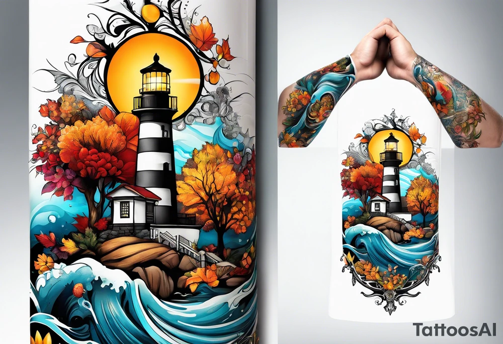 Arm sleeve with fall colors, various flowers, water flow, water splash, light house tattoo idea