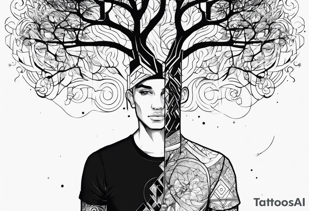 alejandro with a tree connecting the sky and earth. with number 8 in it tattoo idea