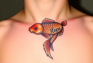 A koi fish swimming upward, with "Hope" inscribed along its shimmering golden scales, symbolizing perseverance tattoo idea