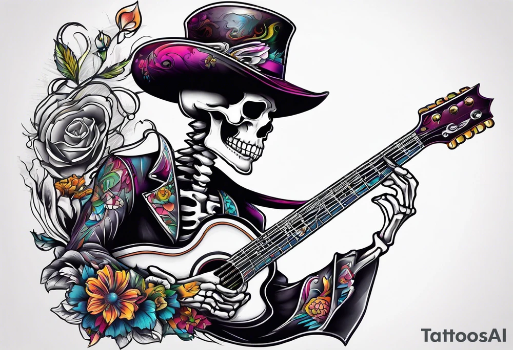 Skeleton playing guitar tattoo idea