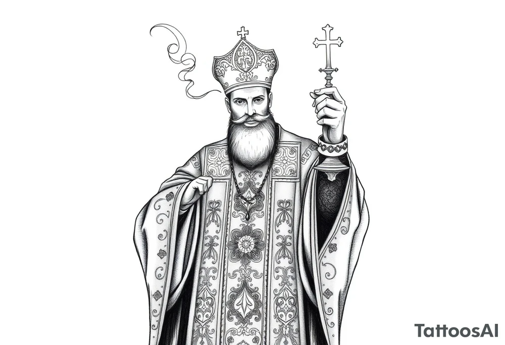 A Russian Orthodox Priest in full gold vestments swinging a censer with smoke curling upward 

The ornate robes give incredible fine line detail
The incense smoke could flow and connect to other elements
It ties directly into the church and Virgin Mary you already have
Very culturally authentic to the overall theme tattoo idea