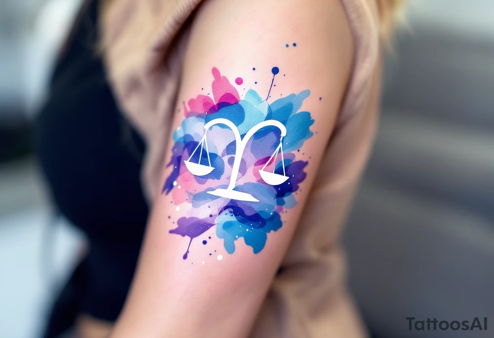 Flowing watercolor splashes in pink, blue, and lavender wrap around a white-ink Libra constellation. tattoo idea