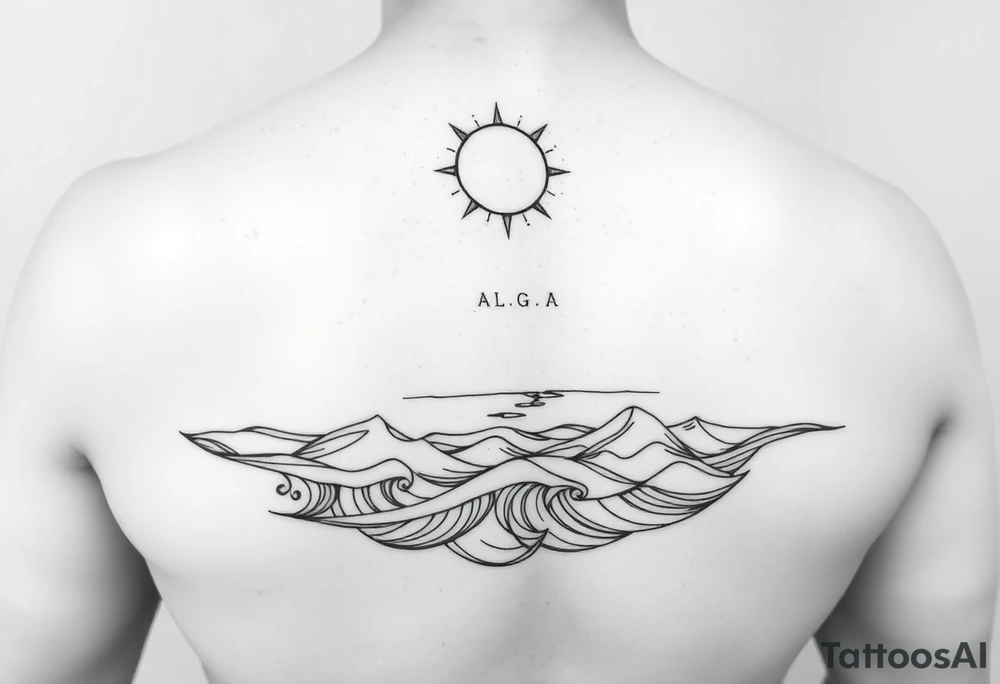 Wrap-around lower arm tattoo, black and white line art. Calm sea waves and horizon, sun or moon above with subtle Norse runes (Algiz, Raido). Balanced, elegant, marine and mythological. Clean outlines, high contrast, stencil-ready. tattoo idea
