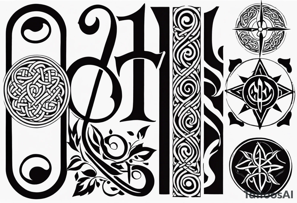 Celtic styling, anchor, compass, bass clef note, treble clef note, dog paw print, half sleeve, forearm tattoo idea