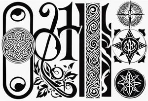 Celtic styling, anchor, compass, bass clef note, treble clef note, dog paw print, half sleeve, forearm tattoo idea