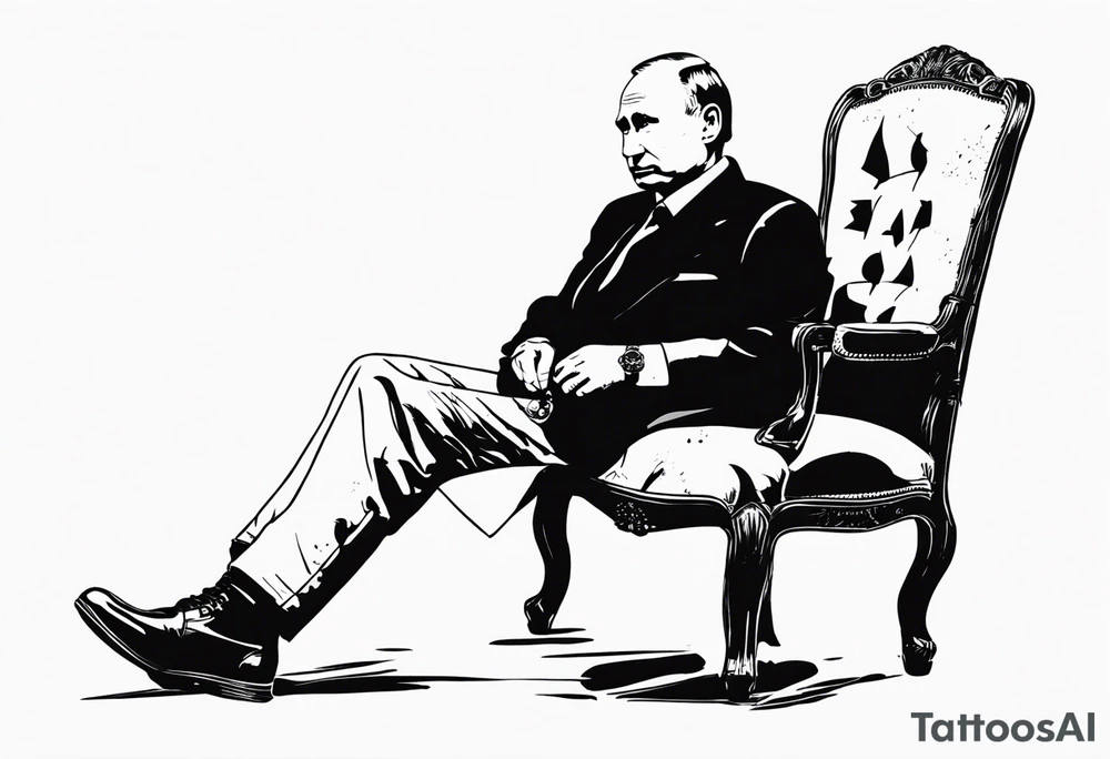 Vladimir Putin, knees on the ground. Russian grandma points Kalashnikov rifle muzzle at his head tattoo idea