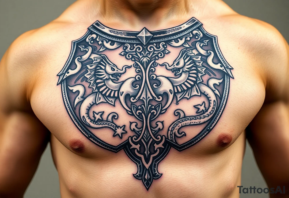 A close-up of an ornate knight’s breastplate, with detailed engravings of dragons tattoo idea