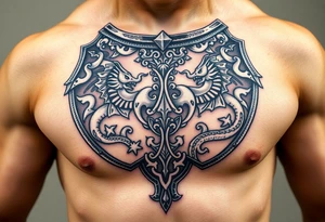 A close-up of an ornate knight’s breastplate, with detailed engravings of dragons tattoo idea