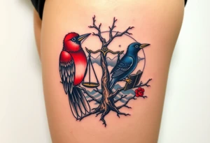 one of the birds red wearing a suit, other bird navy blue with glasses or holding a book, scales of justice built into a tree, starry night painting and mountain background tattoo idea