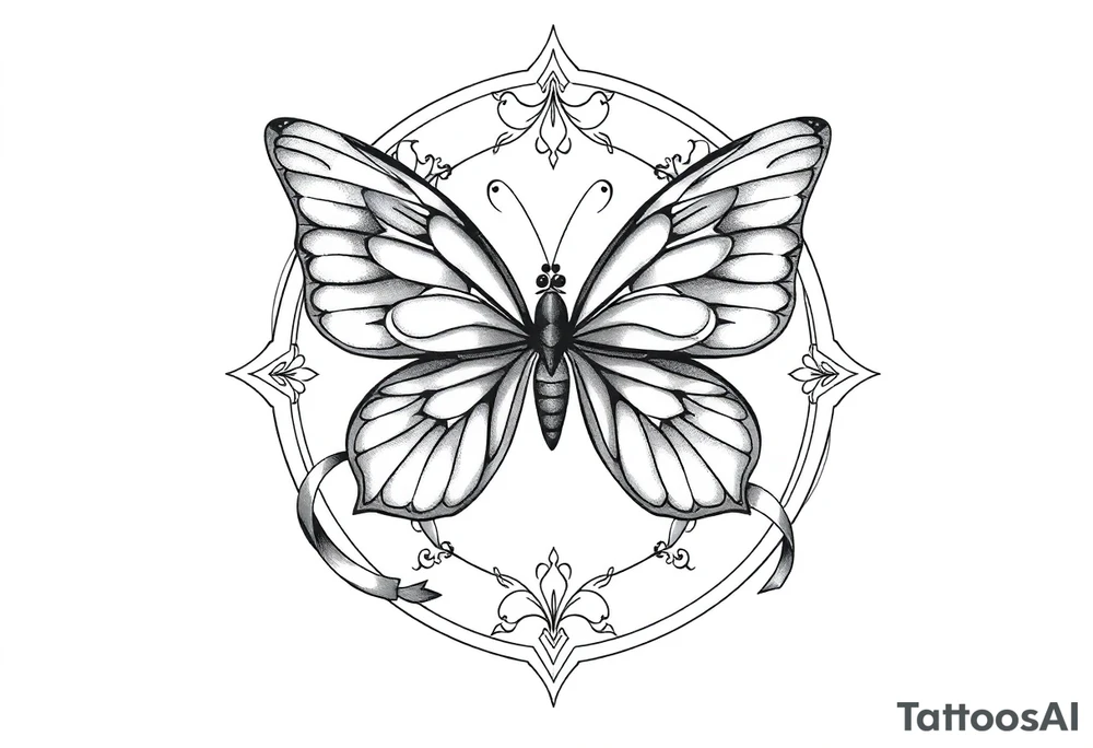ethereal butterfly with flowing silk ribbons in geometric mandala tattoo idea