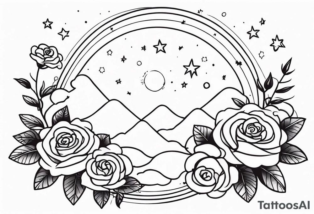 Vertical Clouds with pulsar and small roses and stars around it tattoo idea