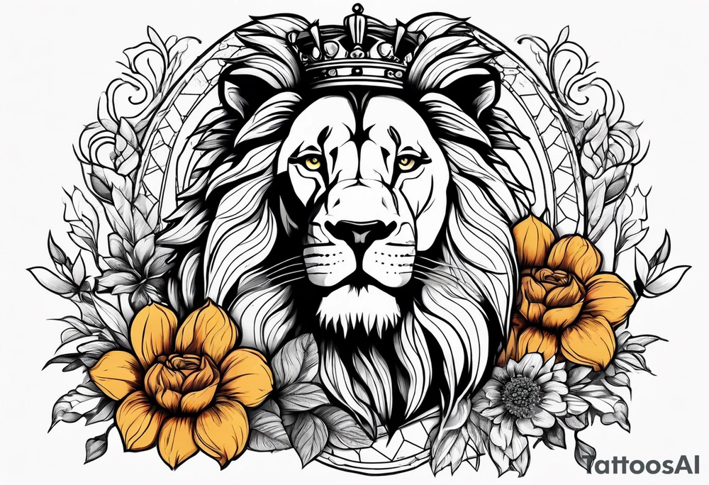 vintage lion with king crown and flowers surrounding it tattoo idea