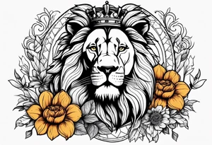 vintage lion with king crown and flowers surrounding it tattoo idea