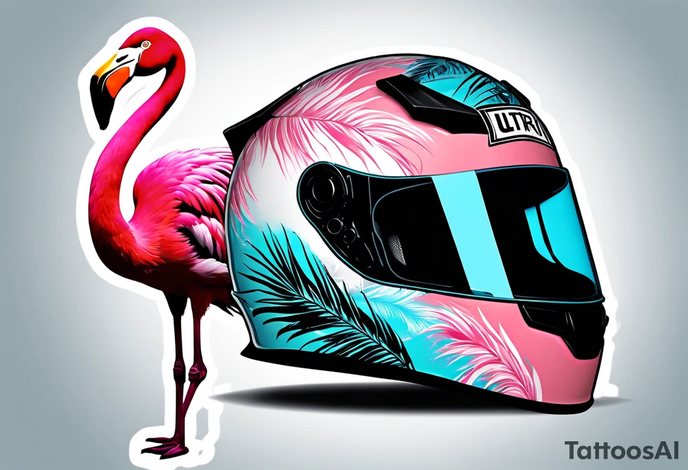 formula 1 helment with a palm tree a flamingo and black light blue and pink colors tattoo idea