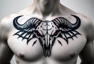 Evil Abstract looking taurus skull chest tattoo with red eyes tattoo idea