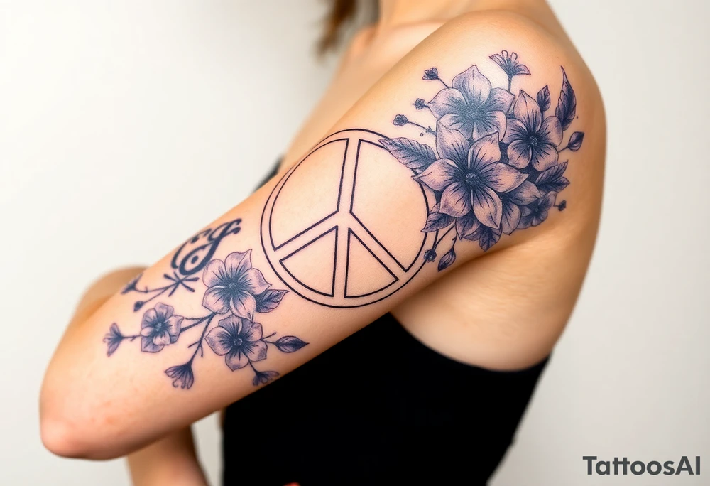 peace symbol intertwined with violets Pisces symbol, dog prints, amethyst, initials csb in cursive font tattoo idea