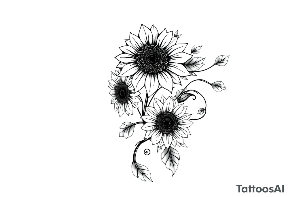 Stylized  sunflowers with mandala petals on a swirly flourishing vine tattoo idea