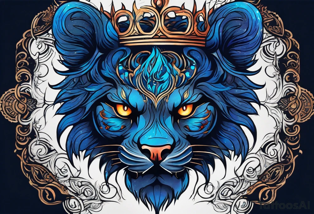 a demonic face with blue flames as majestic crown, deep set glowing galaxy styled eyes, skull faced with slightly open mouth and slight sliver of fangs. he is a royal blood like archangel, instead of hair, he has lion's styled mane of flames and braids of koru style. tattoo idea