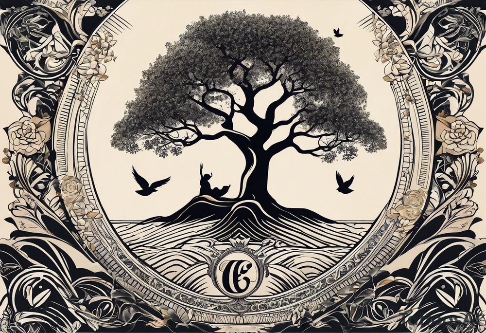 “A tattoo that symbolizes financial success and the love of money. Imagine a design that combines a tree of life with leaves in the shape of banknotes or coins, representing growth and abundance. At the base of the tree is a symbol of a rising graph, like an exponential growth chart, to symbolize steady financial progress. It also integrates an image of an open safe, from which gold coins and banknotes come out, to symbolize the achievement of the goal of wealth. The style should be elegant and detailed, with clean lines and a balance between realistic and symbolic elements.

Translated with DeepL.com (free version) tattoo idea