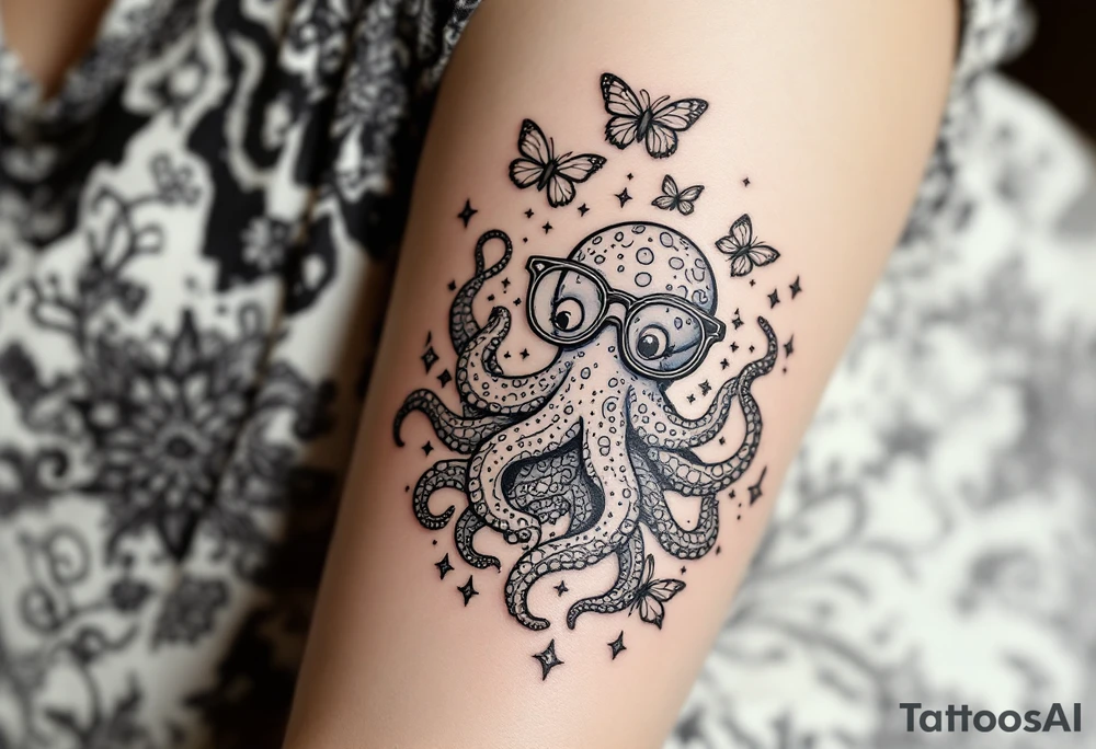 cute octopus, wearing glasses, friendly, surrounded by butterflies and oceanic items, trippy, acid tattoo idea
