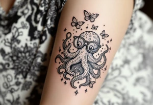 cute octopus, wearing glasses, friendly, surrounded by butterflies and oceanic items, trippy, acid tattoo idea