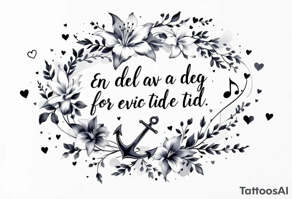 make a quote that says "En del av deg for evig tid" "Pappa, 20.12.24" Surrounded by gladiolus, music notes, hearts and an anchor tattoo idea