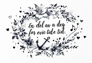 make a quote that says "En del av deg for evig tid" "Pappa, 20.12.24" Surrounded by gladiolus, music notes, hearts and an anchor tattoo idea