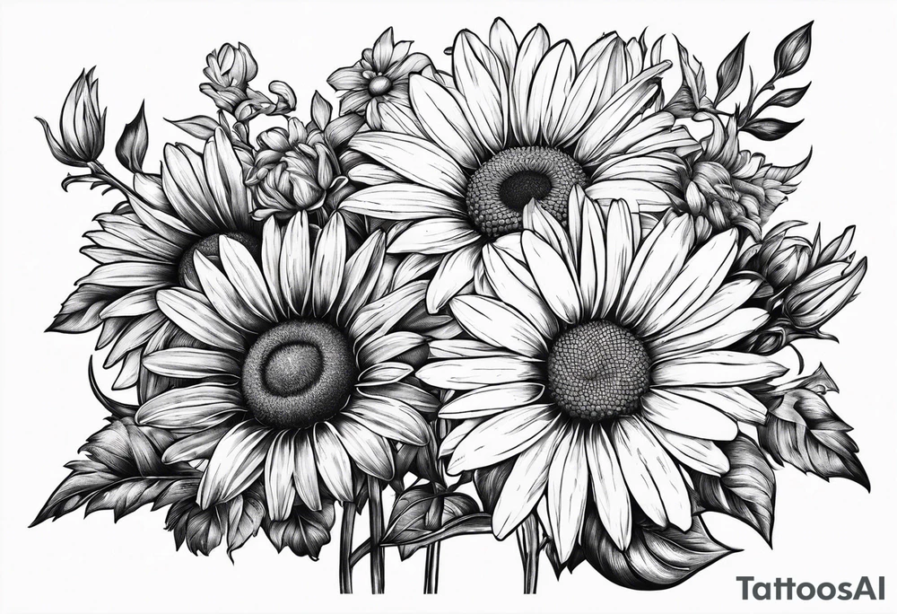 Daisy bouquet with stems and with a sunflower tattoo idea