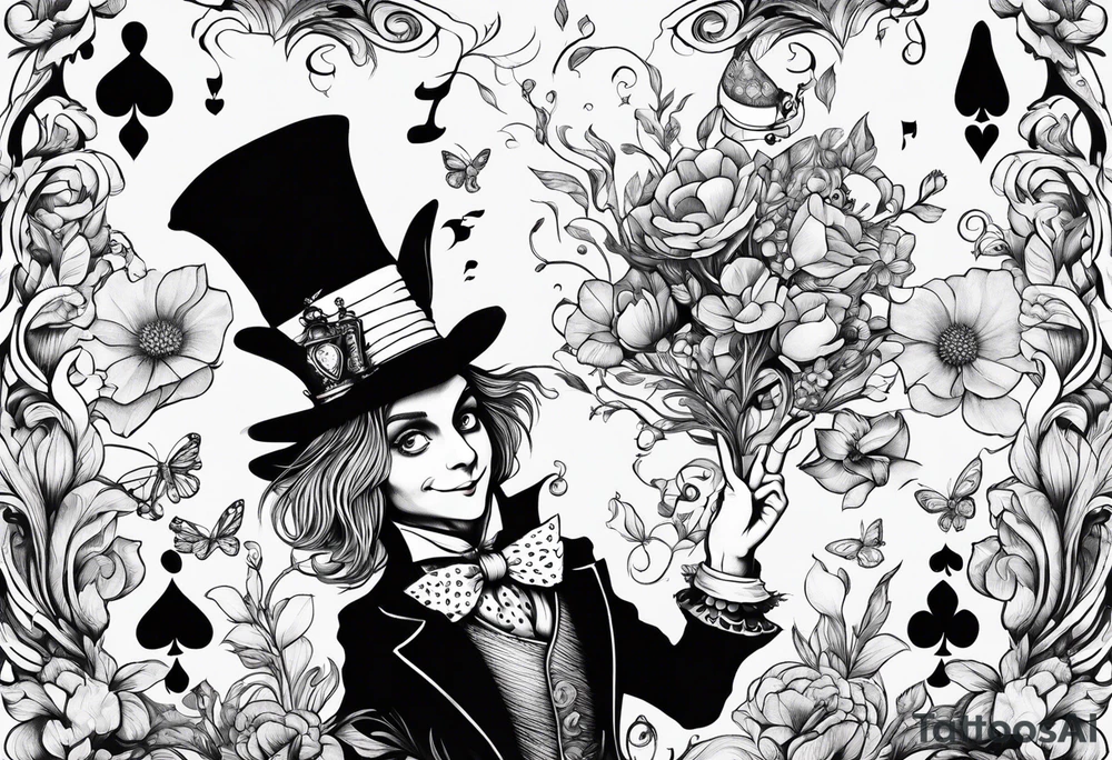 alice in wonderland with mad hatter dancing among magical flowers tim burton style tattoo idea