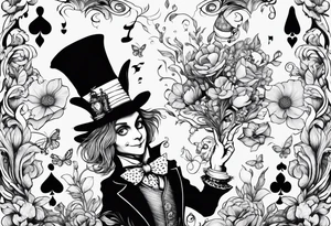 alice in wonderland with mad hatter dancing among magical flowers tim burton style tattoo idea