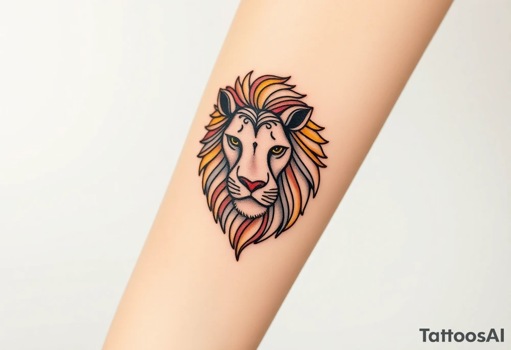 A highly detailed line-art Czech lion, with intricate patterns in its mane and subtle golden, blue, red shading for a regal look. tattoo idea