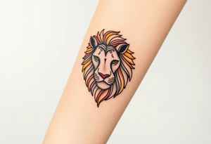 A highly detailed line-art Czech lion, with intricate patterns in its mane and subtle golden, blue, red shading for a regal look. tattoo idea