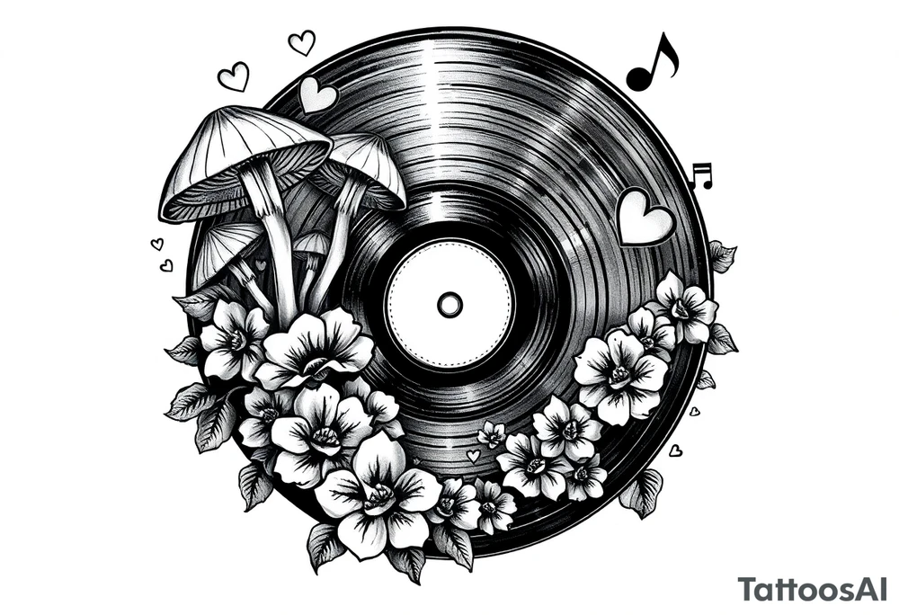 vinyl record with mushrooms, flowers, hearts, and music notes tattoo idea