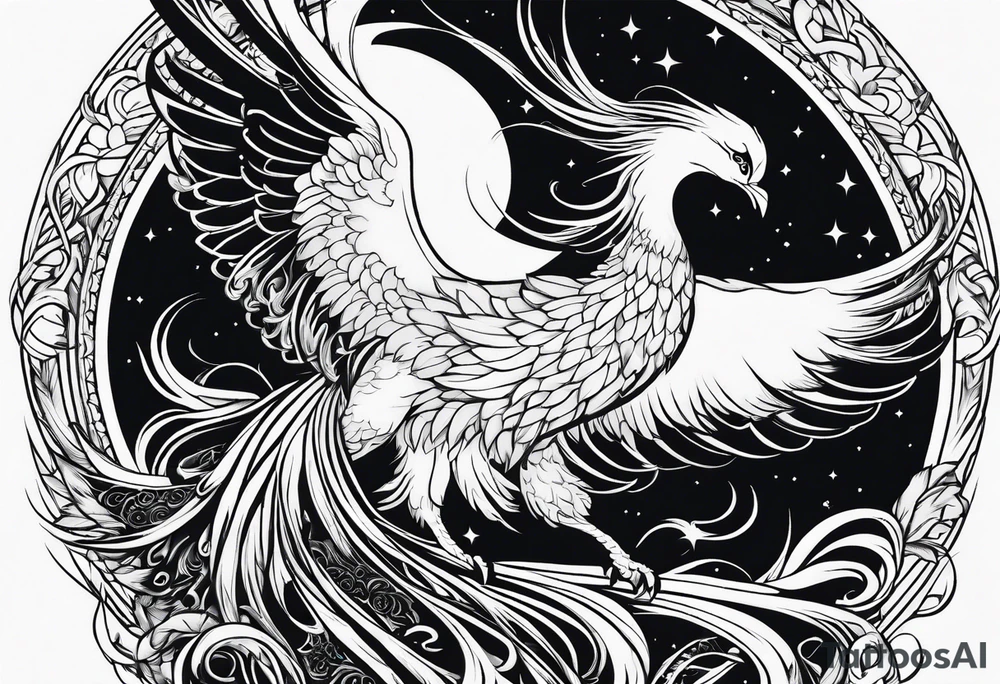 phoenix sur une lune bleu tattoo idea