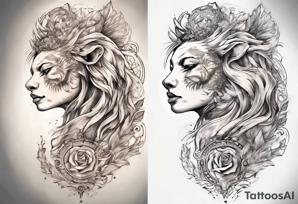 a tattoo which the face will be devided to 2 parts , half lion half godess tattoo idea