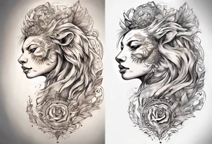 a tattoo which the face will be devided to 2 parts , half lion half godess tattoo idea