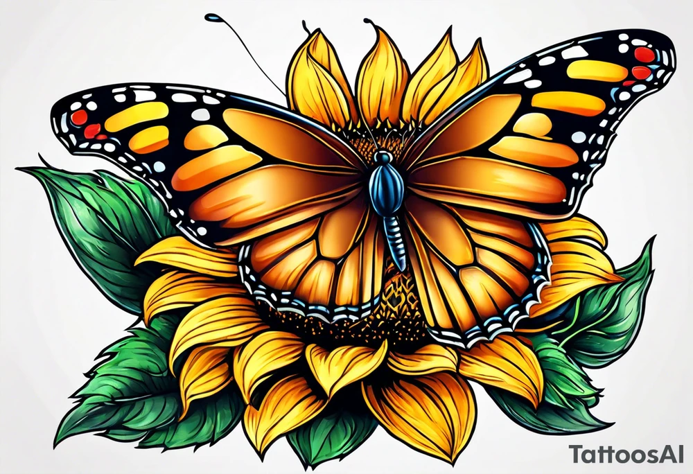 Half sunflower half butterfly tattoo idea
