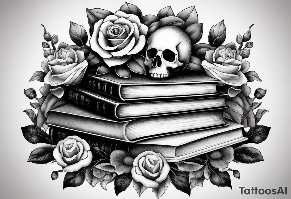 feminine stipple whip tattoo of stacked books and flowers with a snake and skull tattoo idea