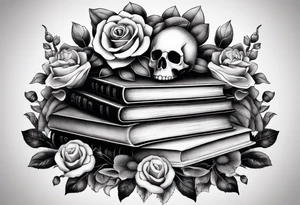 feminine stipple whip tattoo of stacked books and flowers with a snake and skull tattoo idea