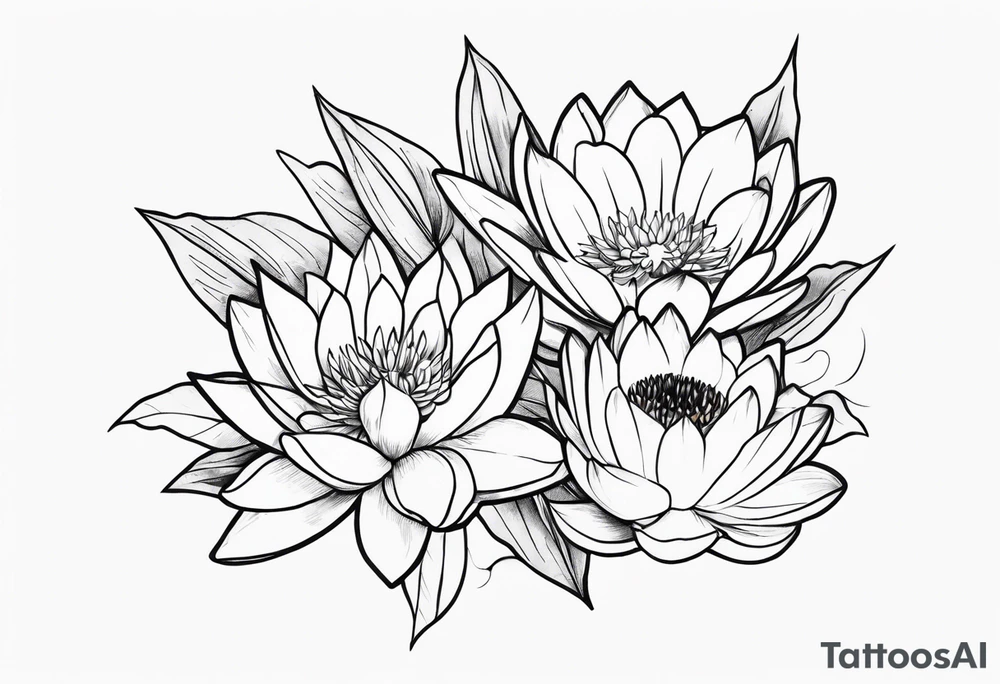 Larkspur and water lily bouquet with stems tattoo idea
