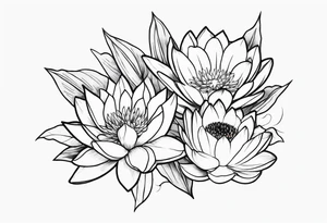 Larkspur and water lily bouquet with stems tattoo idea