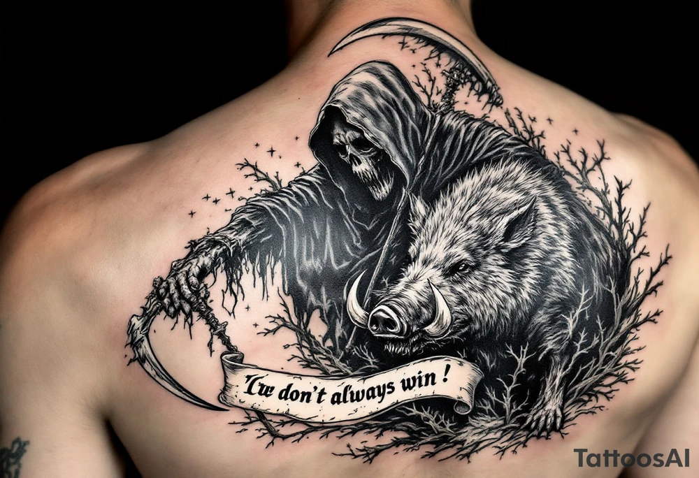 Grim reaper looking down on a hunting dog and big feral boar while holding a scythe and scroll. The scroll has the words “You dont always win” written on it tattoo idea